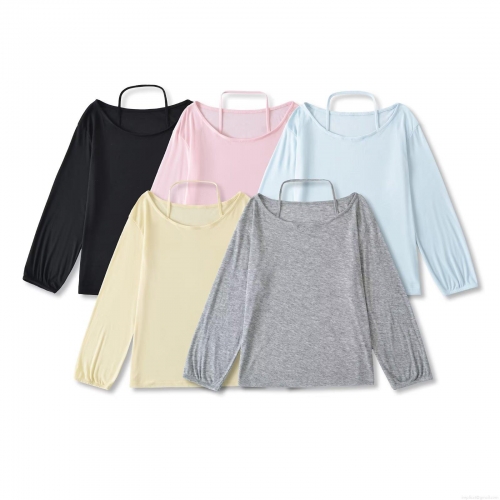 Women's Sexy Cold Shoulder Long Sleeve T-Shirt Polyester Solid Color Round Neck Top With Hanging Neck Strap Fake Two Piece Streetwear Tee