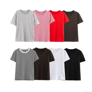 Women's Casual Loose Short Sleeve T-Shirt Polyester Blend Round Neck Summer Top Basic Solid Color And Striped Tee For Daily Sport Streetwear