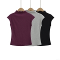 Women Summer Mock Neck Short Sleeve Slim Fit T-Shirt Cotton Blend Solid Color Basic Minimalist Streetwear Top For Daily Wear