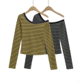 Women's Elegant Off-Shoulder Striped Long Sleeve T-Shirt Slim Fit Color Block Ribbed Knit Pullover Tops Casual Streetwear Tee