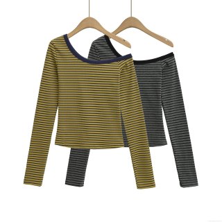 Women's Elegant Off-Shoulder Striped Long Sleeve T-Shirt Slim Fit Color Block Ribbed Knit Pullover Tops Casual Streetwear Tee