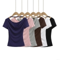 Women's Cowl Neck Slim Fit Short Sleeve T-Shirt Viscose Elastane Blend Solid Color Off Shoulder Summer Casual Top