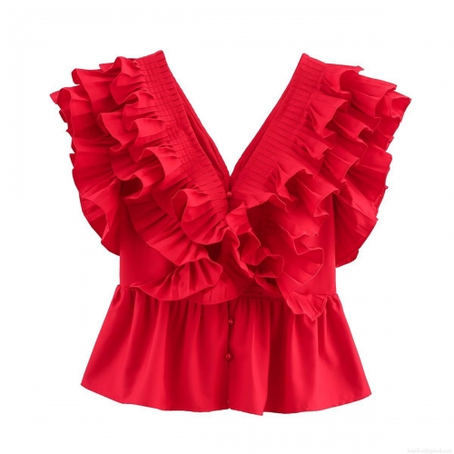 Women Sexy V-Neck Ruffle Sleeveless Peplum Top 100% Polyester Pleated Waist-Tightening Summer Patchwork Tank Top For Women Daily Party Streetwear