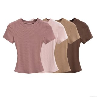Women's Sexy Round Neck Short Sleeve T-Shirt Slim Fit Ribbed Knit Cotton Blend Solid Color Basic Crop Top For Summer Daily Streetwear Fashion