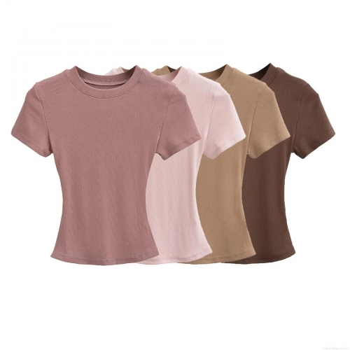 Women's Sexy Round Neck Short Sleeve T-Shirt Slim Fit Ribbed Knit Cotton Blend Solid Color Basic Crop Top For Summer Daily Streetwear Fashion
