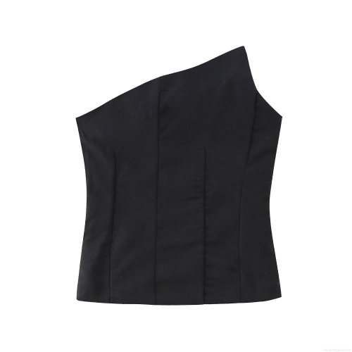 Women's Sexy One Shoulder Asymmetric T-Shirt Solid Black Slim Fit Sleeveless Crop Top 100% Polyester Streetwear Summer Casual Tee