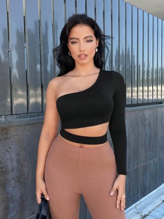 Women's Sexy One Shoulder Long Sleeve Crop Top Asymmetric Cutout Hollow Out Waist Streetwear Slim Fit Solid Color Polyester Blend T-Shirt Top