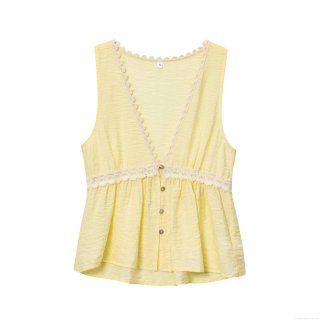 Women Sleeveless V-Neck Single-Breasted Lace Splicing Yellow Tank Top Summer Casual Textured Fabric T-Shirt Top For Women