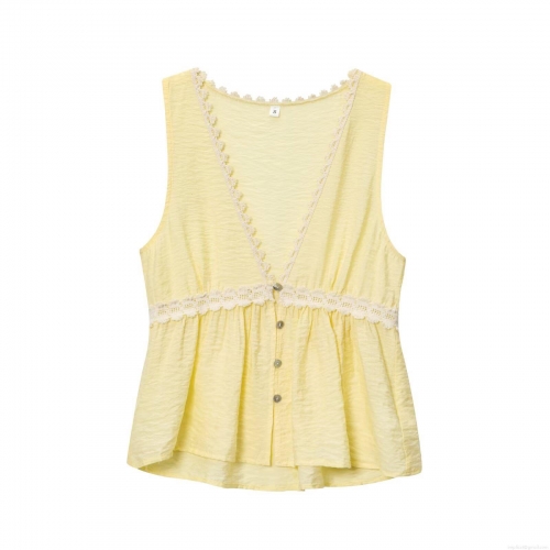 Women Sleeveless V-Neck Single-Breasted Lace Splicing Yellow Tank Top Summer Casual Textured Fabric T-Shirt Top For Women