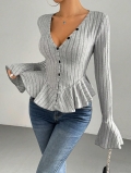 Women's Elegant V Neck Ribbed Knit Top Long Bell Sleeve Peplum T-Shirt Slim Fit Button Down Ruffle Hem Blouse For Daily Office Ladies