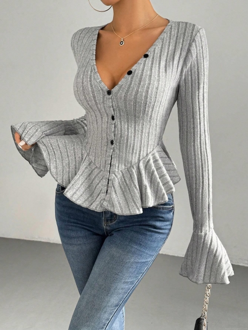 Women's Elegant V Neck Ribbed Knit Top Long Bell Sleeve Peplum T-Shirt Slim Fit Button Down Ruffle Hem Blouse For Daily Office Ladies