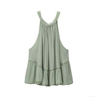 Women's Halter Neck Top Summer Sleeveless Bow Tie Ruffle Hem Polyester Crinkle Fabric Lace Embroidery Tulle Casual Vacation Streetwear Sage Green Blouse