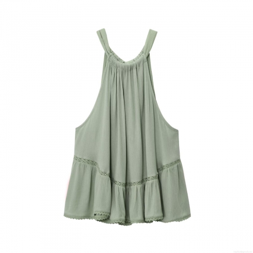 Women's Halter Neck Top Summer Sleeveless Bow Tie Ruffle Hem Polyester Crinkle Fabric Lace Embroidery Tulle Casual Vacation Streetwear Sage Green Blouse