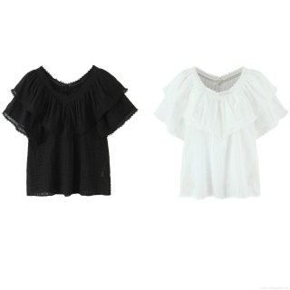 Women's V-Neck Lace Trim T-Shirt 100% Cotton Short Sleeve Ruffle Edge Blouse Summer Casual Loose Top Street Style For Women