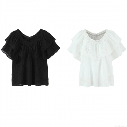 Women's V-Neck Lace Trim T-Shirt 100% Cotton Short Sleeve Ruffle Edge Blouse Summer Casual Loose Top Street Style For Women