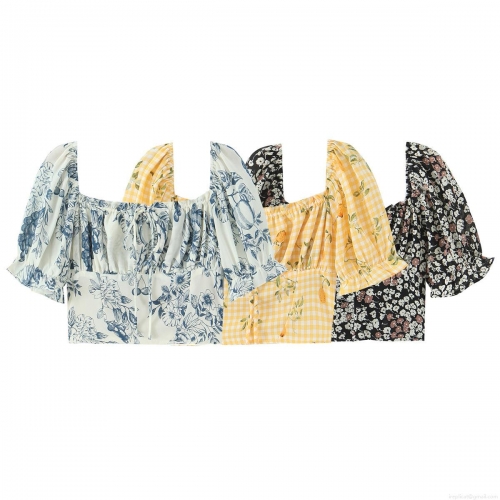 Women Summer Floral Gingham Print Crop Top Square Neck Puff Sleeve Drawstring Bow Slim Fit 100% Polyester T-Shirt Streetwear Short Sleeve Blouse