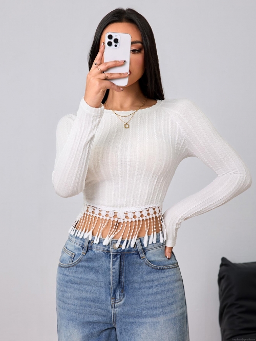 Women's Elegant Ribbed Knit T-Shirt Slim Fit Round Neck Long Sleeve Top With Crochet Fringe Hem Cotton Polyester Blend Bohemian Casual Blouse