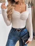 Elegant Square Neck Ruched Knit Top For Women Slim Fit Long Sleeve T-Shirt With Built-In Bra Polyester Viscose Blend Casual Office Commute Solid Color Chic Top