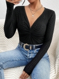 Women's Intellectual V-Neck Lace Trim Long Sleeve T-Shirt Slim Fit Twist Front Hollow Out Polyester Elastane Commute Top