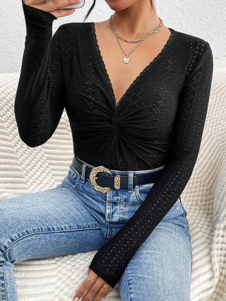 Women's Intellectual V-Neck Lace Trim Long Sleeve T-Shirt Slim Fit Twist Front Hollow Out Polyester Elastane Commute Top