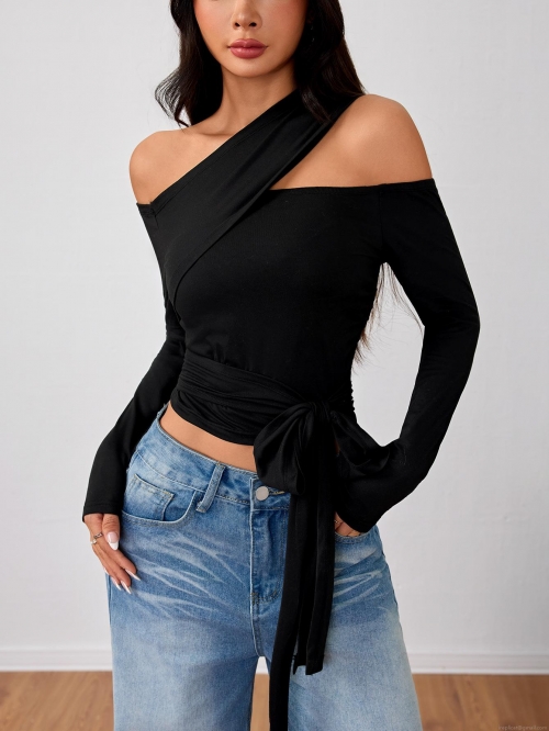 Women Asymmetrical Slant Shoulder Long Sleeve Crop Top Polyester Elastane Slim Fit Streetwear Top With Waist Tie For Daily Clubwear Fashionable Lady