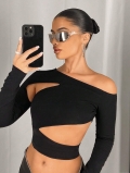 Women Y2K Off Shoulder Cutout T-Shirt Polyester Elastane Irregular Slant Neck Long Sleeve Cropped Top Street Style Outfits Women Black Knit Top