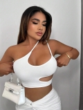 Women Sexy One Shoulder Cropped Top Asymmetric Cut Out Sleeveless T-Shirt Cotton Blend High Stretch Summer Party Clubwear Slim Fit Plain Color Halter Neck Vest Top