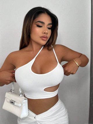 Women Sexy One Shoulder Cropped Top Asymmetric Cut Out Sleeveless T-Shirt Cotton Blend High Stretch Summer Party Clubwear Slim Fit Plain Color Halter Neck Vest Top
