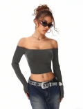 Sexy Off Shoulder Long Sleeve Crop Top Women Grey Backless Criss Cross Slim Fit Knit T-Shirt Elegant Party Club Streetwear Tee