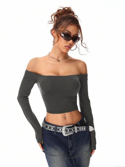 Sexy Off Shoulder Long Sleeve Crop Top Women Grey Backless Criss Cross Slim Fit Knit T-Shirt Elegant Party Club Streetwear Tee
