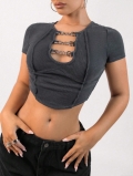 Women's Ribbed Crop Top Short Sleeve T-Shirt Viscose Polyester Hollow Out With Metal Buckles Streetwear Slim Fit Summer Sexy Tee