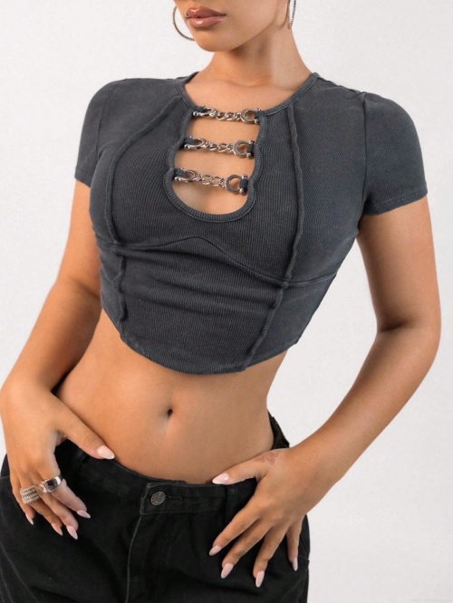 Women's Ribbed Crop Top Short Sleeve T-Shirt Viscose Polyester Hollow Out With Metal Buckles Streetwear Slim Fit Summer Sexy Tee