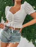 Women Eyelet Embroidery Crop Top Polyester Blend V Neck Short Sleeve Knit T-Shirt Slim Fit Drawstring Puff Sleeve Summer Casual Sweet Top For Women