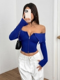 Women's Klein Blue Off Shoulder Crop Top With Front Zipper Textured Knit Long Sleeve Slim Fit Casual Streetwear Pullover Shirt