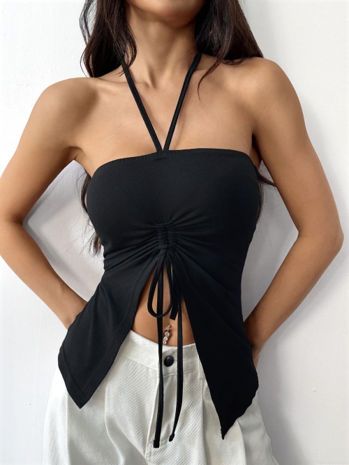 Women's Sexy Halter Neck Crop Top Ruched Drawstring Cotton Polyester Blend Sleeveless Slim Fit Summer T-Shirt Streetwear Clubwear Black