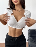 Women Sexy V Neck Ribbed Knit Crop Top Short Sleeve Slim Fit T-Shirt With Metal Ring Detail Solid Color Summer Tee For Party Daily Dating Streetwear