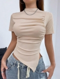 Women Short Sleeve T-Shirt Slim Fit Ribbed Knit Top With Asymmetric Hem Side Ruching Sexy Mock Neck Elegant Apricot Shirt For Summer Casual Dating Trendy Tee