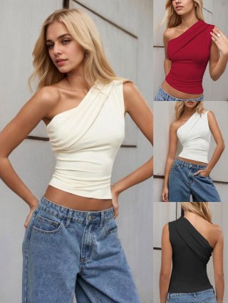 Women Sexy One Shoulder Ruched T-Shirt Slim Fit Slant Neck Sleeveless Polyester Elastane Solid Color Summer Party Crop Top
