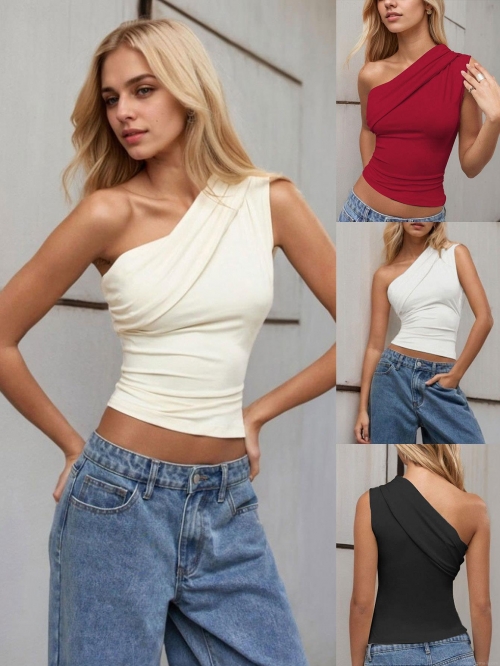Women Sexy One Shoulder Ruched T-Shirt Slim Fit Slant Neck Sleeveless Polyester Elastane Solid Color Summer Party Crop Top