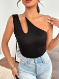 Women's Sexy One Shoulder Ribbed Knit T-Shirt With Silver Metal Chain Strap Hollow Out Sleeveless Crop Top For Party Streetwear Summer Black