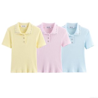 Women's Knit Polo Shirt Short Sleeve Rhinestone Decorated Slim Fit Polyester Pullover Top Summer Autumn Street Style Casual Blouse