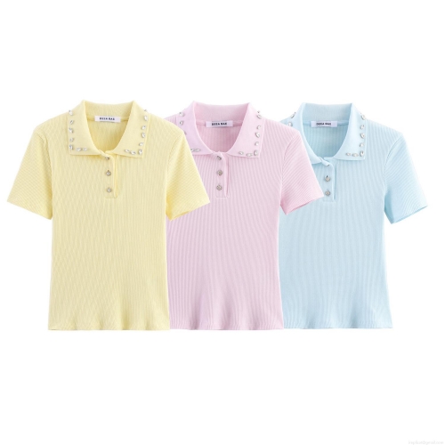 Women's Knit Polo Shirt Short Sleeve Rhinestone Decorated Slim Fit Polyester Pullover Top Summer Autumn Street Style Casual Blouse