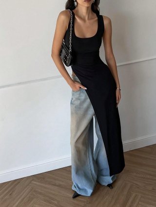 Sexy Asymmetrical Extra Long Sleeveless T-Shirt Women U-Neck Side High Split Slim Fit Polyester Elastane Blend Solid Color Party Clubwear Summer Top