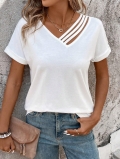 Women Fashion V-Neck Hollow-Out Stripe T-Shirt Cotton Polyester Blend Short Sleeve Casual Slim Fit Top Summer Breathable Basic Clothing