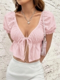 French Sweet Pink Hollow Out Crop Top Women 95% Polyester Eyelet Embroidery Short Puff Sleeve Tie Front V Neck Slim Fit Summer T-Shirt