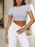 Women's Short Sleeve Crop Top Round Neck Slim Fit Polyester Ribbed T-Shirt Basic Solid Color Casual Summer Tee Top