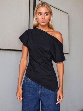 Women's Sexy Asymmetric One Shoulder T-Shirt Slim Fit Solid Color Short Sleeve Top Cotton Polyester Elastane Blend Chic Summer Streetwear