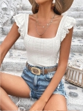 Women's Summer Eyelet Hollow Out T-Shirt Square Neck Ruffle Sleeve Slim Fit Top Casual Bohemian Embroidery Vacation Short Sleeve Tee