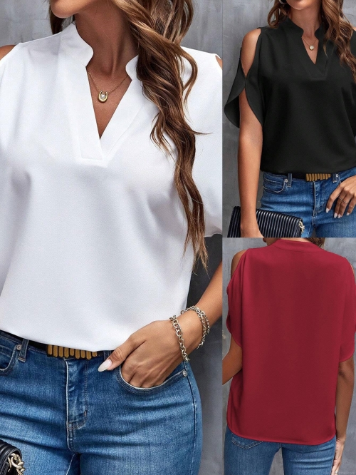 Women's Elegant V Neck Cold Shoulder T-Shirt Solid Color Short Sleeve Chiffon Blouse For Commute Summer Casual Tops