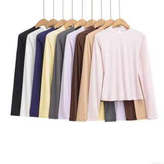 Women's Slim Fit Long Sleeve T-Shirt Round Neck Solid Color High Elasticity Polyester Spandex Blend Base Layer Workout Tops for Women Streetwear
